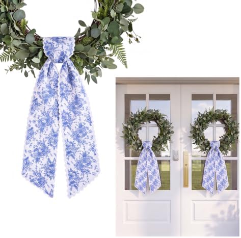 2 Pcs Wreath Sash Blue Floral Scalloped,4.5"*55.1"