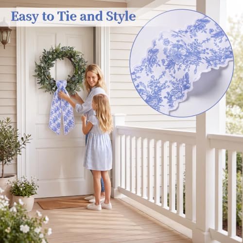 2 Pcs Wreath Sash Blue Floral Scalloped,4.5"*55.1", alternate view 3