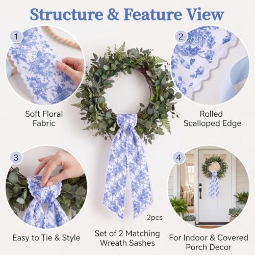 2 Pcs Wreath Sash Blue Floral Scalloped,4.5"*55.1", alternate view 5