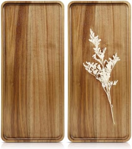 2 pcs15.7" x 7" Large Solid Acacia Wood Serving Tray Rectangular Wooden Serving Platter Natural Wooden Board for