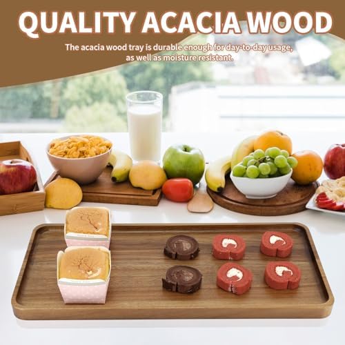 2 pcs15.7" x 7" Large Solid Acacia Wood Serving Tray Rectangular Wooden Serving Platter Natural Wooden Board for, alternate