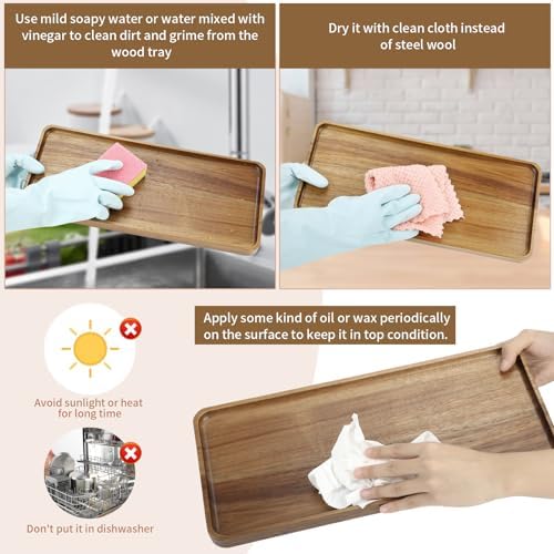 2 pcs15.7" x 7" Large Solid Acacia Wood Serving Tray Rectangular Wooden Serving Platter Natural Wooden Board for, alternate