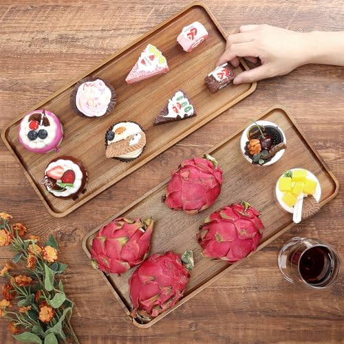2 pcs15.7" x 7" Large Solid Acacia Wood Serving Tray Rectangular Wooden Serving Platter Natural Wooden Board for, alternate