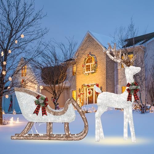 2-Piece Set Outdoor Lighted Reindeer with Sleigh Christmas Decors