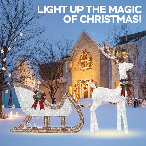 2-Piece Set Outdoor Lighted Reindeer with Sleigh Christmas Decors, alternate view 4