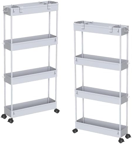 2-piece Set Slim Storage Cart 3 Tier, Bathroom Organizer Rolling Utility, Mobile Shelving Unit Slide Out for