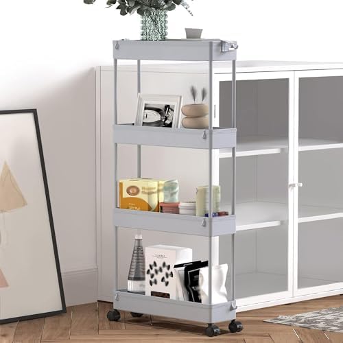 2-piece Set Slim Storage Cart 3 Tier, Bathroom Organizer Rolling Utility, Mobile Shelving Unit Slide Out for, alternate view