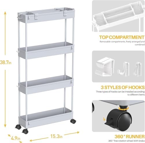 2-piece Set Slim Storage Cart 3 Tier, Bathroom Organizer Rolling Utility, Mobile Shelving Unit Slide Out for, alternate view