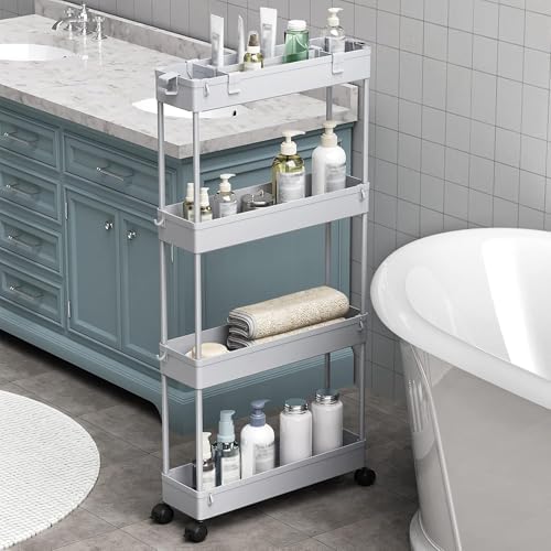 2-piece Set Slim Storage Cart 3 Tier, Bathroom Organizer Rolling Utility, Mobile Shelving Unit Slide Out for, alternate view