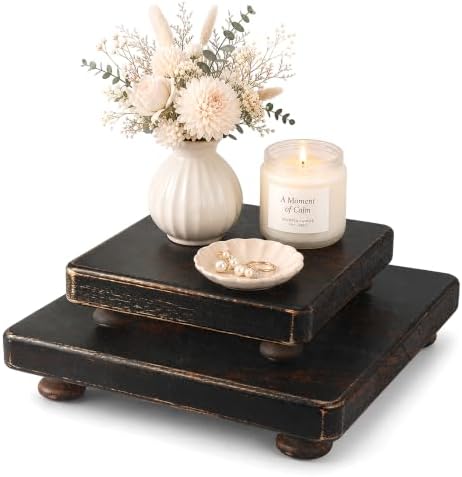 2-Piece Set Wood Display Risers for Coffee Table, Distressed Black in Distressed Black