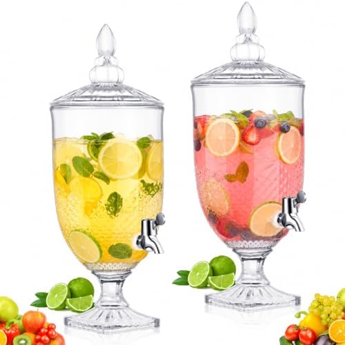 2 Pieces 1.3 Gallon Drink Dispensers for Parties Crystal Iced Beverage Dispenser with Stand and Spigot, Glass