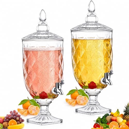 2 Pieces 1.3 Gallon Drink Dispensers for Parties Crystal Iced Beverage Dispenser with Stand and Spigot, Glass