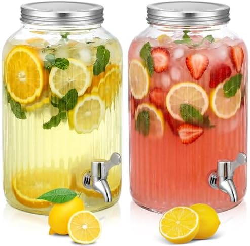 2 Pieces 1 Gallon Plastic Beverage Dispenser with Spigot Striped Clear Large Drink Beverage Dispenser Summer