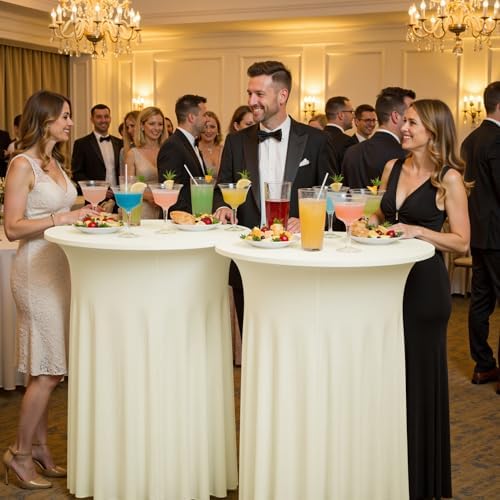 2 pk Ivory Cocktail Table Cloth Round 32×43in-High Top Highboy Bar Cocktail Tablecloths-Wrinkle Free Stretchy, alternate view