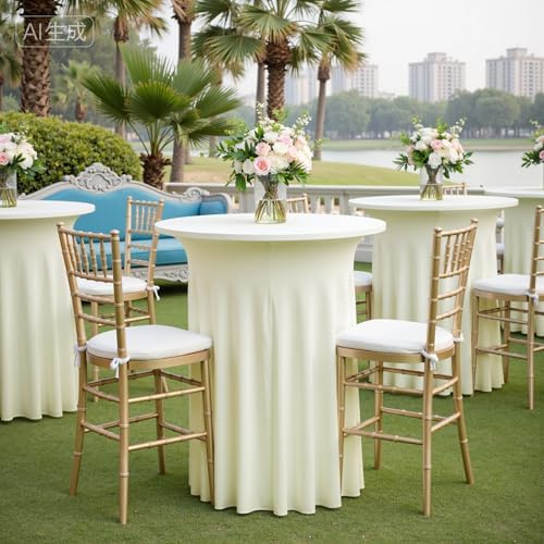 2 pk Ivory Cocktail Table Cloth Round 36×43in-High Top Highboy Bar Cocktail Tablecloths-Wrinkle Free Stretchy, alternate view