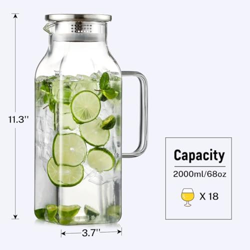 2 Quart (2 Liter 68 oz) Square Glass Pitcher with Lid and Spout, Water Pitchers with Handle for Fridge, alternate view 3