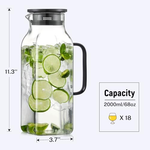 2 Quart (2 Liter 68 oz) Square Glass Pitcher with Lid and Spout, Water Pitchers with Handle for Fridge, alternate view 2