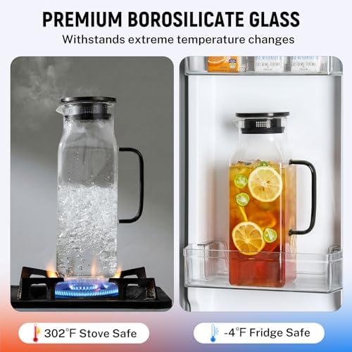 2 Quart (2 Liter 68 oz) Square Glass Pitcher with Lid and Spout, Water Pitchers with Handle for Fridge, alternate view 6