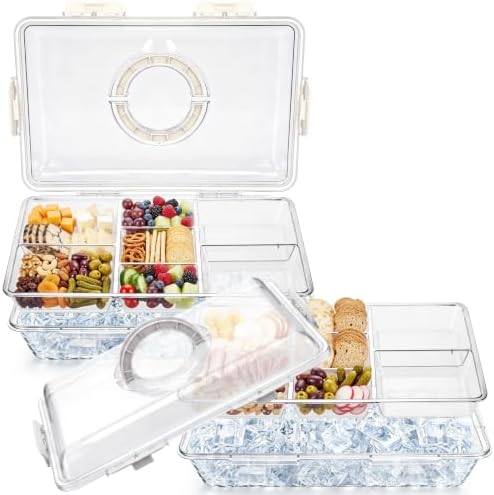 2 Set 16 x 11'' Chilled Serving Tray for Parties with Lids Compartments Flip top Removable Chilled Party Platter