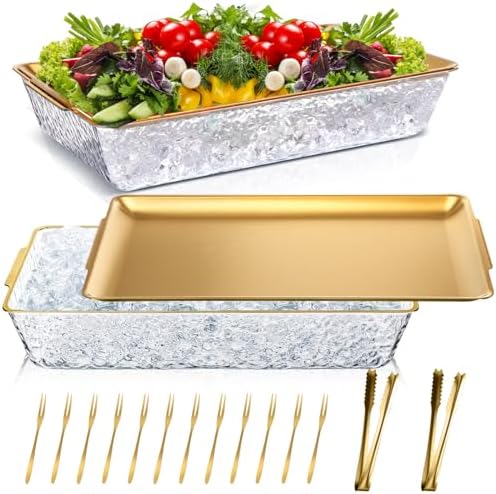 2 Set 16" x 9.45" Chilled Serving Tray for Parties, Gold in Gold