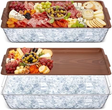 2 Set 16" x 9" Plastic Chilled Serving Tray for Parties, Dark Wood in Dark Wood