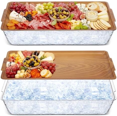 2 Set 16" x 9" Plastic Chilled Serving Tray for Parties, Light Wood in Light Wood