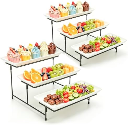 2 Set 3 Tier Serving Trays for Party, 12 Inch Serving Platters with Metal Display Stand, Collapsible Tiered Tray