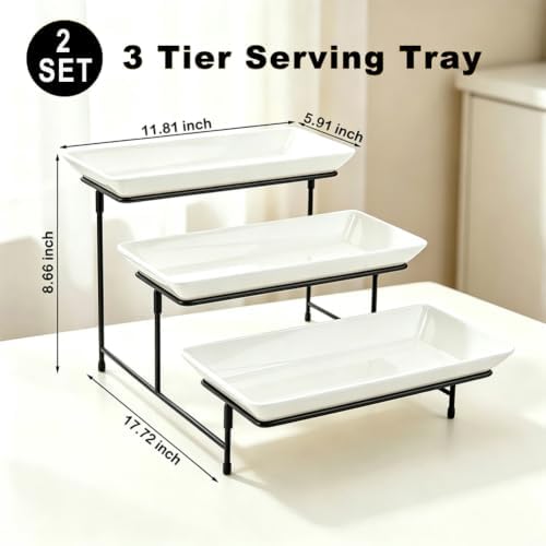 2 Set 3 Tier Serving Trays for Party, 12 Inch Serving Platters with Metal Display Stand, Collapsible Tiered Tray, alternate