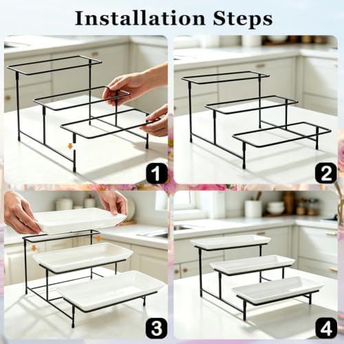 2 Set 3 Tier Serving Trays for Party, 12 Inch Serving Platters with Metal Display Stand, Collapsible Tiered Tray, alternate