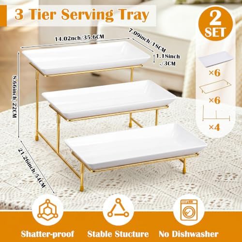 2 Set 3 Tier Serving Trays for Party 14 Inch Serving Platters and Trays Tiered Tray Stand with Collapsible Metal, alternate