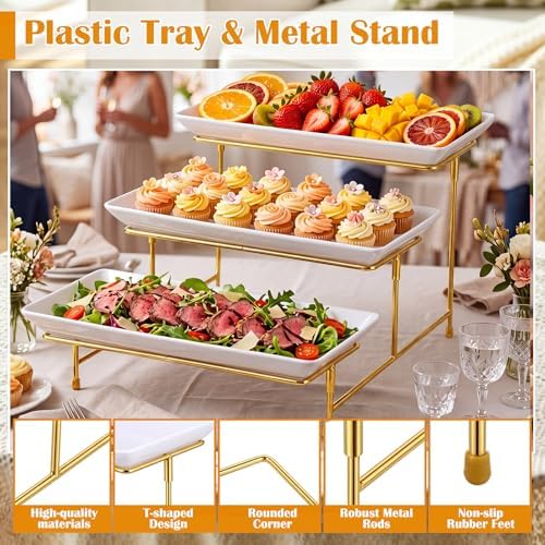 2 Set 3 Tier Serving Trays for Party 14 Inch Serving Platters and Trays Tiered Tray Stand with Collapsible Metal, alternate