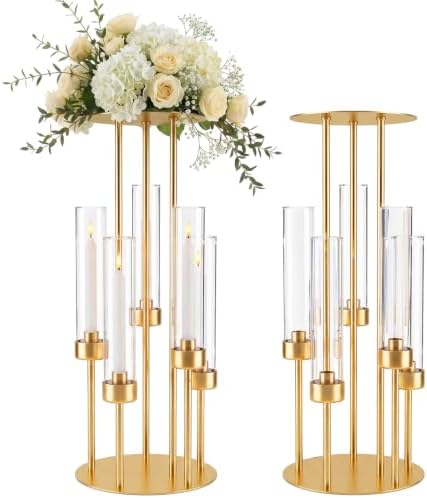 2 Set 5 Arm Gold Candelabra Centerpieces with Flower Stand for Table, 24.4" in Gold