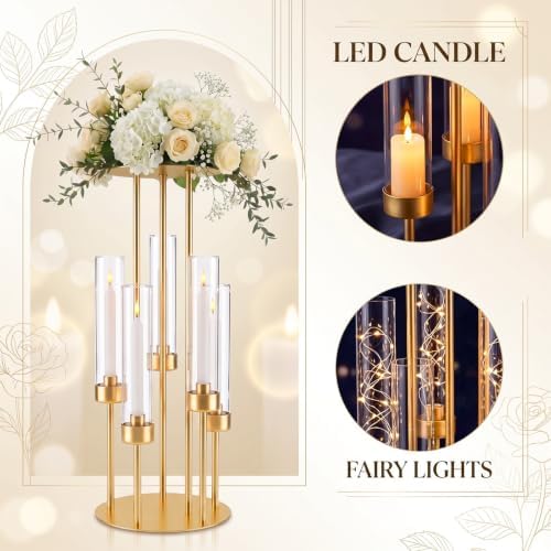 2 Set 5 Arm Gold Candelabra Centerpieces with Flower Stand for Table, 24.4" in Gold, alternate view 4