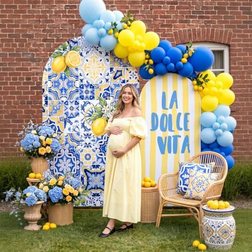 2 Set Amalfi Coast Party Decorations Arch Backdrop Cover in 7.2 x 3.77 ft / 6 x 2.46 ft in blue, yellow, alternate view 3