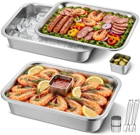 2-Set Chilled Serving Trays with Ice Trays, Shrimp Cocktail Serving Dish in Silver