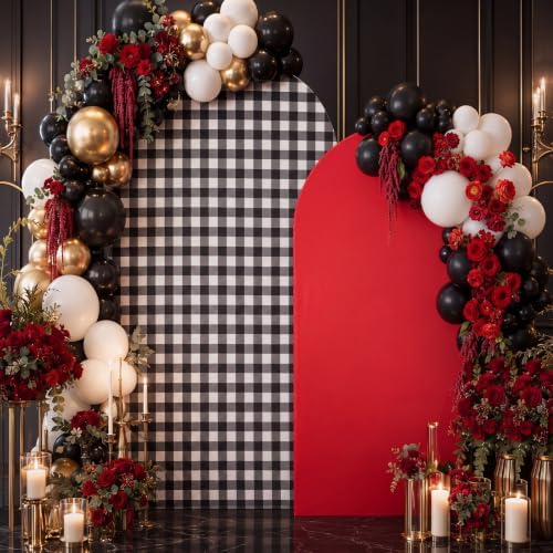 2 Set Gingham Arch Backdrop Cover 7.2ft 6.6ft Arch Cover, Black, Red in Red