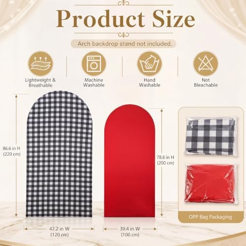2 Set Gingham Arch Backdrop Cover 7.2ft 6.6ft Arch Cover, Black, Red in Red, alternate view 2