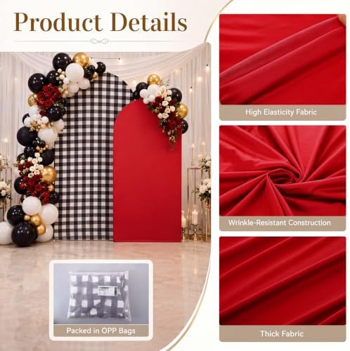 2 Set Gingham Arch Backdrop Cover 7.2ft 6.6ft Arch Cover, Black, Red in Red, alternate view 3