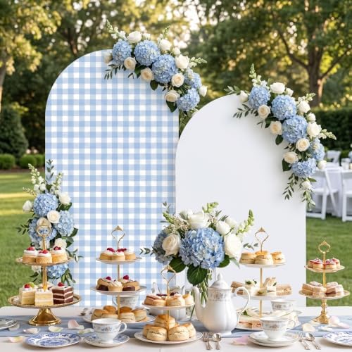 2 Set Gingham Arch Backdrop Cover 7.2ft 6.6ft Arch Cover, Blue, White in White, alternate view 6