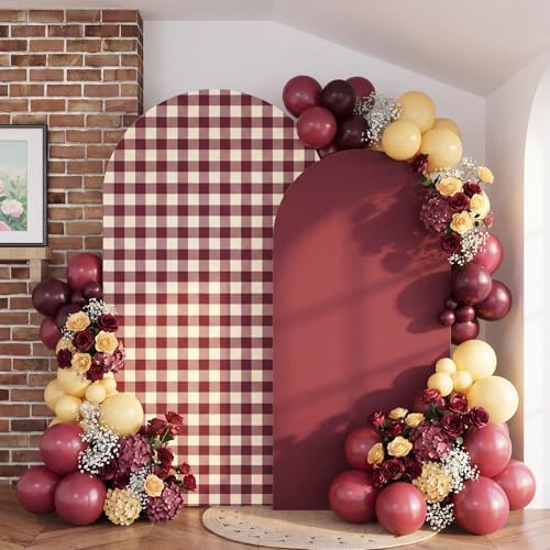 2 Set Gingham Arch Backdrop Cover 7.2ft 6.6ft Arch Cover, Burgundy, alternate view 3
