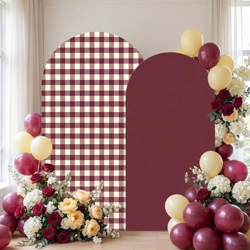 2 Set Gingham Arch Backdrop Cover 7.2ft 6.6ft Arch Cover, Burgundy, alternate view 4