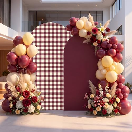 2 Set Gingham Arch Backdrop Cover 7.2ft 6.6ft Arch Cover, Burgundy, alternate view 5