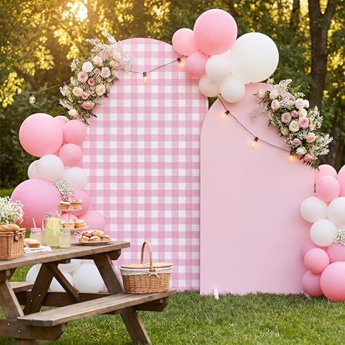 2 Set Gingham Arch Backdrop Cover 7.2ft 6.6ft Arch Cover, Pink in Pink, alternate view 3