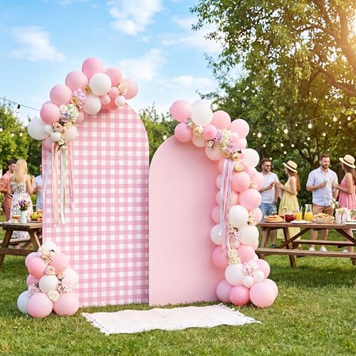 2 Set Gingham Arch Backdrop Cover 7.2ft 6.6ft Arch Cover, Pink in Pink, alternate view 4