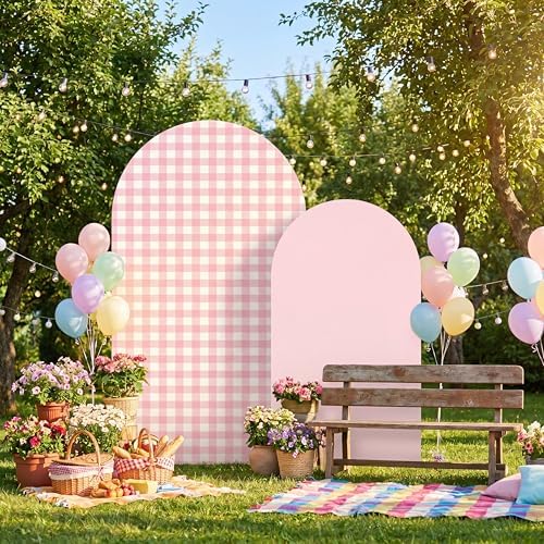 2 Set Gingham Arch Backdrop Cover 7.2ft 6.6ft Arch Cover, Pink in Pink, alternate view 5