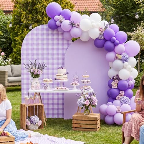 2 Set Gingham Arch Backdrop Cover 7.2ft 6.6ft Arch Cover, Purple, alternate view 6