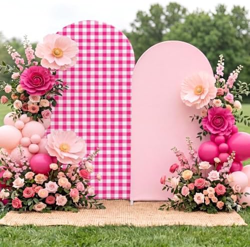 2 Set Gingham Arch Backdrop Cover 7.2ft 6.6ft Arch Cover, Rose Pink