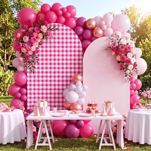 2 Set Gingham Arch Backdrop Cover 7.2ft 6.6ft Arch Cover, Rose Pink, alternate view 5