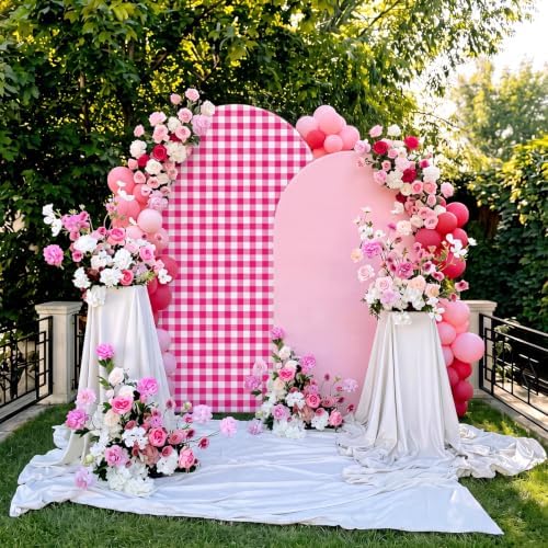 2 Set Gingham Arch Backdrop Cover 7.2ft 6.6ft Arch Cover, Rose Pink, alternate view 6