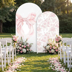 2 Set Pink Bow Floral Arch Backdrop Cover 7.2ft 6.6ft in 87 x 47 inch and 79 x 39 inch in Pink, alternate view 4